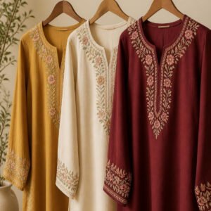 Embroidered kurtis on wooden hangers