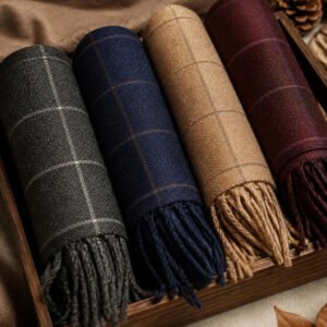 Wool mufflers arranged in a wooden tray